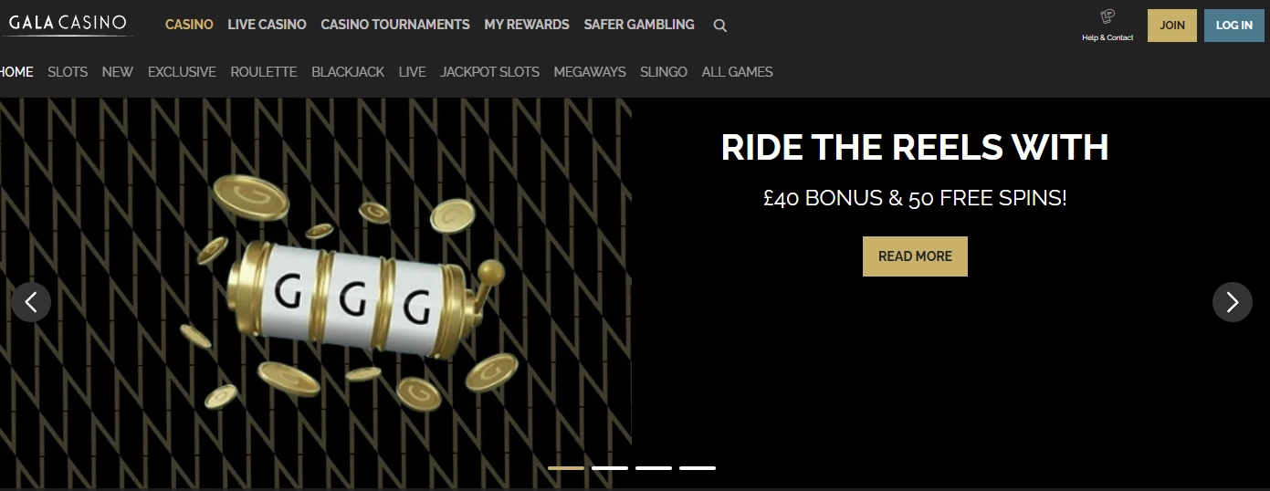 Screenshot of Gala Casino lobby with featured jackpots