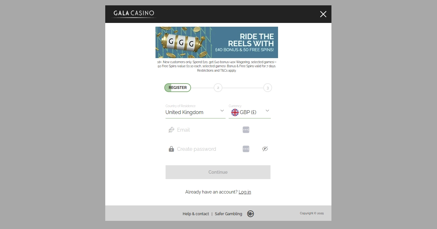 Gala Casino registration screen